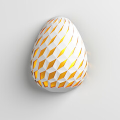 Easter concept. One single white golden egg with geometric original changing patterns on the surface on a white background. Square composition. 3d illustration