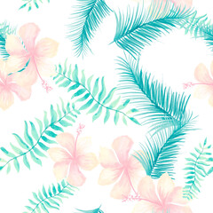 Fototapeta na wymiar Pink Tropical Leaves. Navy Seamless Leaf. Coral Pattern Nature. Blue Flower Design. Azure Wallpaper Palm. Gray Garden Illustration. Decoration Leaf.