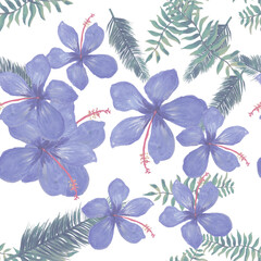 Fototapeta na wymiar Indigo Seamless Art. Organic Pattern Palm. Gray Tropical Leaf. Natural Flower Textile. Green Drawing Painting. White Flora Palm. Wallpaper Exotic.
