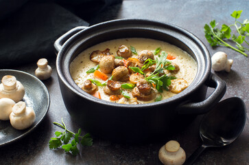 Pot of mushrooms and cheese cream-soup