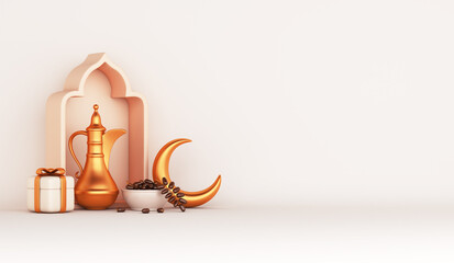 Islamic decoration background with teapot, date fruit, crescent, gift box, window cartoon style, ramadan kareem, mawlid, iftar, eid al fitr adha, muharram, copy space text, 3D illustration.