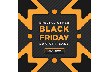 Black Friday Flash Sale Social Media Post Design Template. Square layout use yellow and black colors. Diagonal pattern line. 