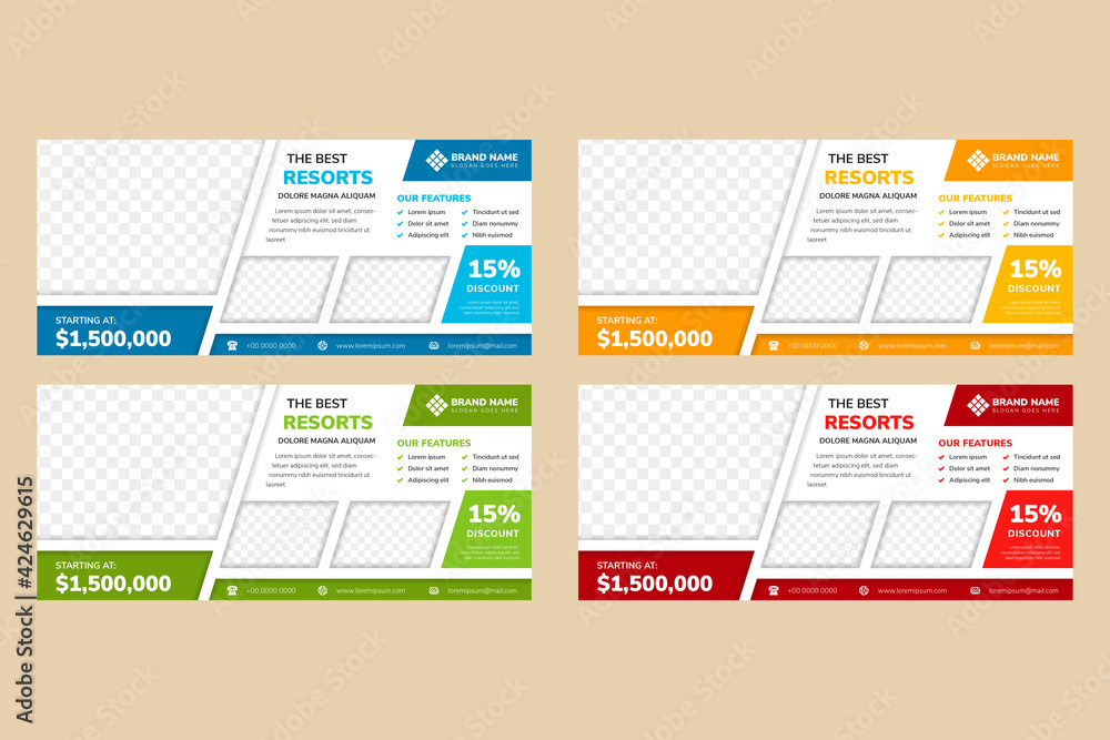 Poster collection horizontal business resorts web banner vector templates. clean modern geometric abstract 