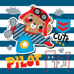 cartoon cute pilot bear riding airplane