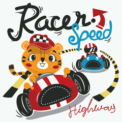cute tiger cartoon driving vintage race