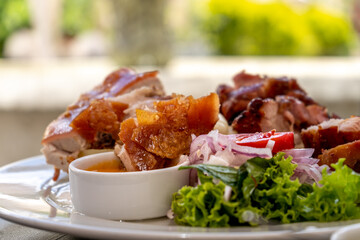 Cylinder pork dish. Chunks of pork meat.