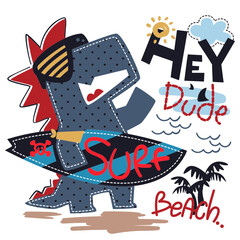funny cartoon trex holding surfboard on
