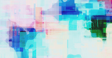 Digital painting, abstract digital artwork in bright color palette. Wall art for interior with peach, teal accent. Geometric background illustration