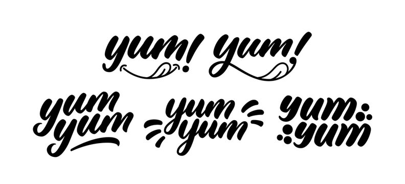 Yum Yum words set. Yummy handwritten word. Modern calligraphy. Calligraphic doodle text design for print. Vector logo design. Hand drawn lettering in cartoon style. Phrase yum with licking tongue.