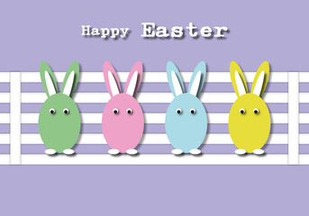 Obraz premium Colourful rabbits with white chair on purple background. Greeting card for Happy Easter’s Day. space for the text. Graphic illustration paper cut design style.