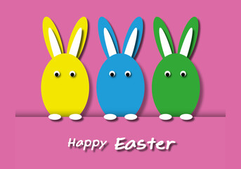 Obraz premium Colourful rabbits on pink background. Greeting card for Happy Easter’s Day. space for the text. Graphic illustration paper cut design style.