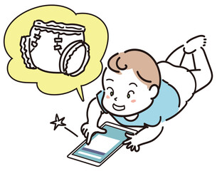 スマートフォンを用いておしめを注文するあかちゃん