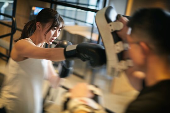 パーソナルトレーナーにキックボクシングを習うアジア人女性
