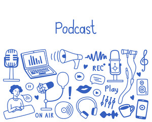 Podcast banner with copy space, various microphones, equipment, headphones, audio, sound images. Vector template in doodle style, for websites, advertisement and flyers.