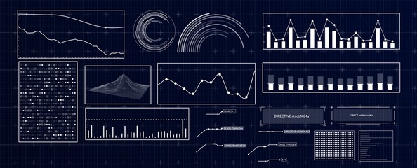 HUD futuristic interface. Hitech display with infographic elements. Dashboard with chart, diagram, line, graphic and data. © fantasyform