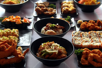 Freshly made assorted Japanese food on a table