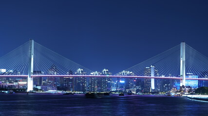 Obraz premium The city night view with the lights on and the reflection in river in the evening
