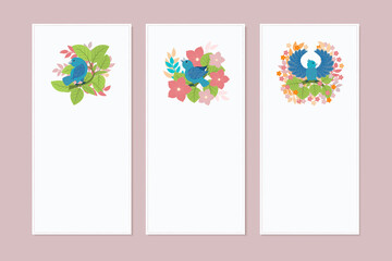 A set of banners, posters, invitations, or flyers with a spring-summer pattern. Design elements with birds, flowers and leaves in the flat style. Vector illustration with space for your text.