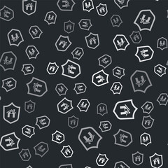 Grey House with shield icon isolated seamless pattern on black background. Insurance concept. Security, safety, protection, protect concept. Vector