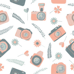 Cute seamless pattern with photo camera in cartoons style. Background with retro, dslr, instant and digital cameras in flat design. Vector endless background with cute hand drawn cameras.