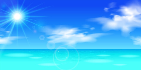 青空と雲と太陽の日差しが眩しいベクターイラスト背景(風景、横)