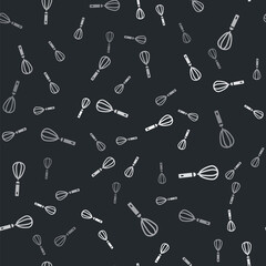 Grey Kitchen whisk icon isolated seamless pattern on black background. Cooking utensil, egg beater. Cutlery sign. Food mix symbol. Vector