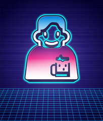Retro style Happy man with beer icon isolated futuristic landscape background. 80s fashion party. Vector