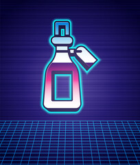 Retro style Essential oil bottle icon isolated futuristic landscape background. Organic aromatherapy essence. Skin care serum glass drop package. 80s fashion party. Vector