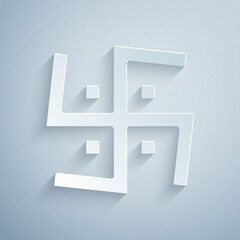 Paper cut Hindu swastika religious symbol icon isolated on grey background. Paper art style. Vector