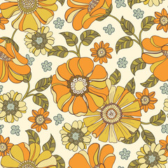 Colorful Large Scale Hand-Drawn Floral Vector Seamless Pattern. Retro 70s Style Nostalgic Fashion Textile Bold Background. Summer Resort Print. Daisies. Flower Power