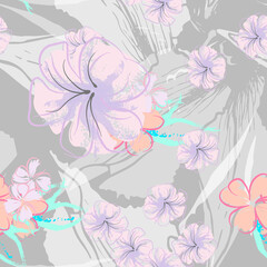 Pink Flowers Blooming Pattern. Pastel Watercolor.