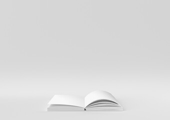 White Blank Open Magazine or Book floating in white background. minimal concept idea creative. monochrome. 3D render.