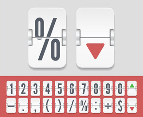Stock exchange vector mechanic board. White analog flip airport board for countdown timer. Flip number and symbol scoreboard on white background.