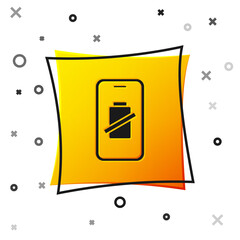 Black Smartphone battery charge icon isolated on white background. Phone with a low battery charge. Yellow square button. Vector