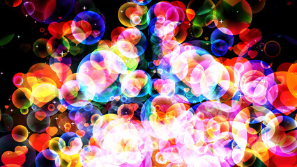 Fototapeta na wymiar rainbow abstract dimension bubbles with dancing hearts floating on black screen