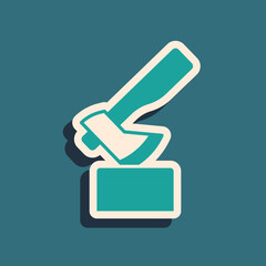 Green Wooden axe icon isolated on green background. Lumberjack axe. Long shadow style. Vector