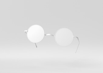 White Glasses floating in white background. minimal concept idea creative. monochrome. 3D render.