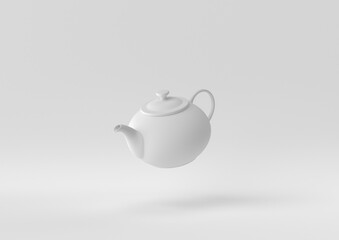 White Teapot floating in white background. minimal concept idea creative. monochrome. 3D render.