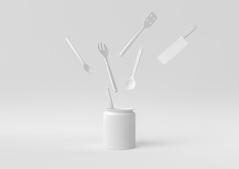 White Kitchen utensils and baking ingredients floating in white background. minimal concept idea creative. monochrome. 3D render.