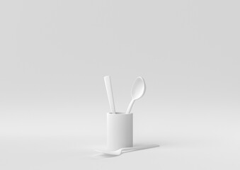 White Kitchen utensils and baking ingredients floating in white background. minimal concept idea creative. monochrome. 3D render.