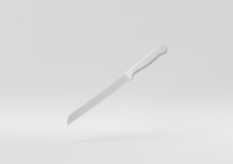 White Kitchen knife floating in white background. minimal concept idea creative. monochrome. 3D render.
