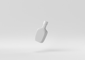 White Whiskey Bottle floating in white background. minimal concept idea creative. monochrome. 3D render.