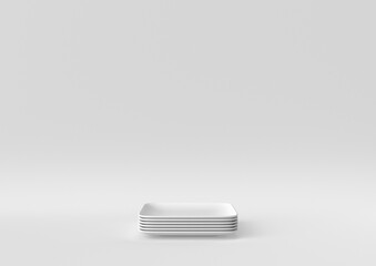 White Dish plates in white background. minimal concept idea creative. monochrome. 3D render.