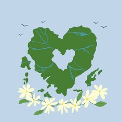 A green heart imitating the Earth on a blue background framed by beige flowers and birds.  A bitmap illustration. 