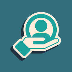Green Hand for search a people icon isolated on green background. Recruitment or selection concept. Search for employees and job. Long shadow style. Vector