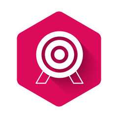 White Target financial goal concept icon isolated with long shadow background. Symbolic goals achievement, success. Pink hexagon button. Vector