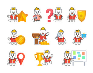 White cat king characters set in various situations. Modern vector illustration