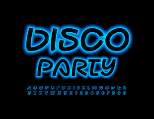 Fototapeta na wymiar Vector event flyer Disco Party. Creative Neon Font. Blue electric Alphabet Letters and Numbers set