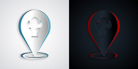 Paper cut Chef hat with location icon isolated on grey and black background. Cooking symbol. Cooks hat. Paper art style. Vector