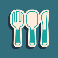 Green Fork, spoon and knife icon isolated on green background. Cooking utensil. Cutlery sign. Long shadow style. Vector